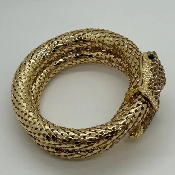 Gold-Tone Memory Wire Snake Bracelet With Black Eyes & Rhinestone Accents - Picture 6 of 10